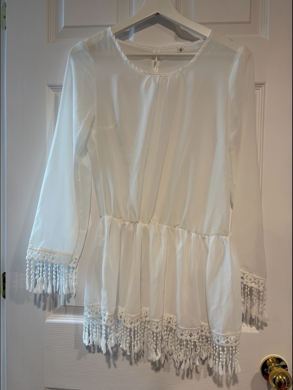 Boho White Crochet Tassel Fringe Mini Dress Beach Cover Up Festival Fits Small - Picture 2 of 6